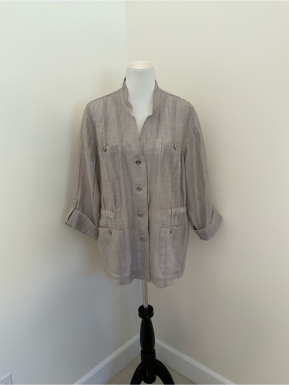 Chico's Light Taupe Silver Striped Linen Women's Shirt Jacket